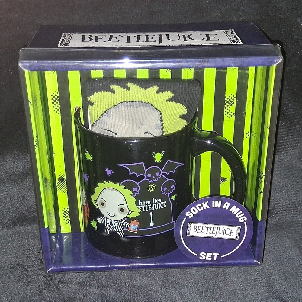Beetlejuice Sock in a mug set & sticker New Culture Fly WB New